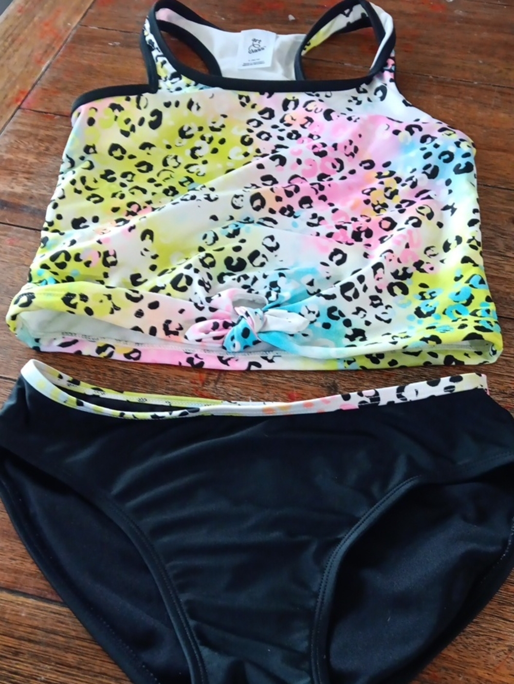 Art Class Girls' Two-Piece Tankini Swim Set - Neon Leopard Top & Black Bottom